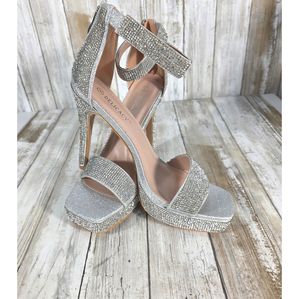 Delicacy Silver Rhinestone Platform Sandals Square Toe Stiletto Heels Size 8